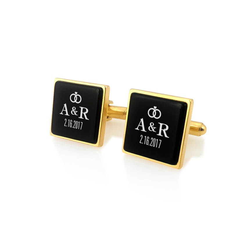 Groom cufflinks | initials and wedding date | Sterling silver | Onyx stone | ZD93