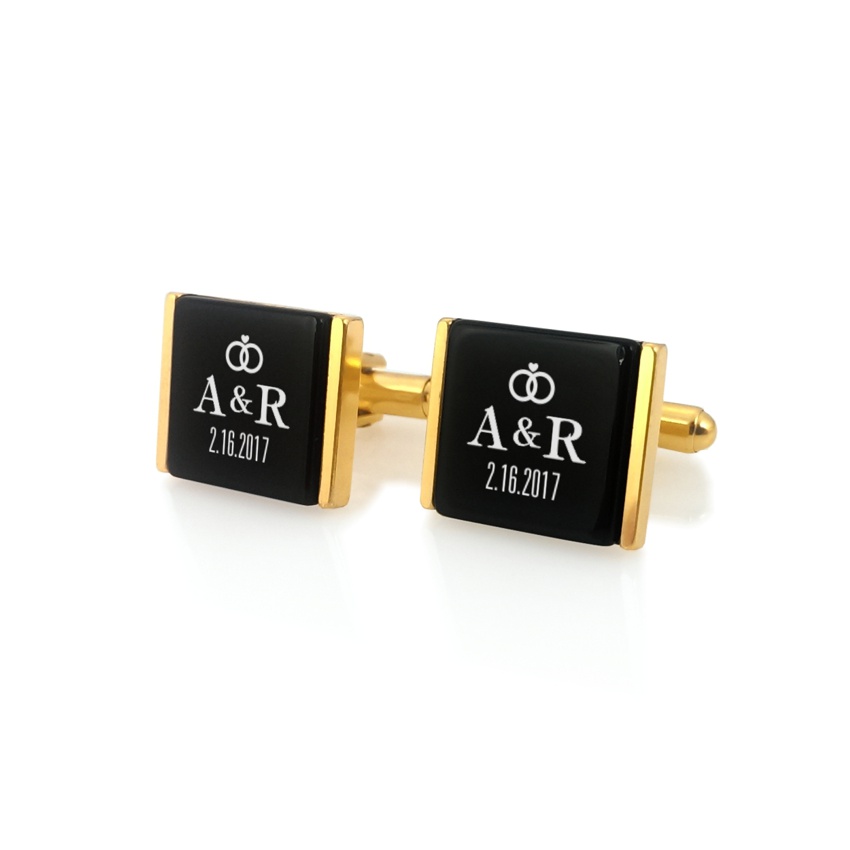 Gold Groom cufflinks | With initials and wedding date | Sterling silver gold plated | Onyx stone | ZD.94Gold