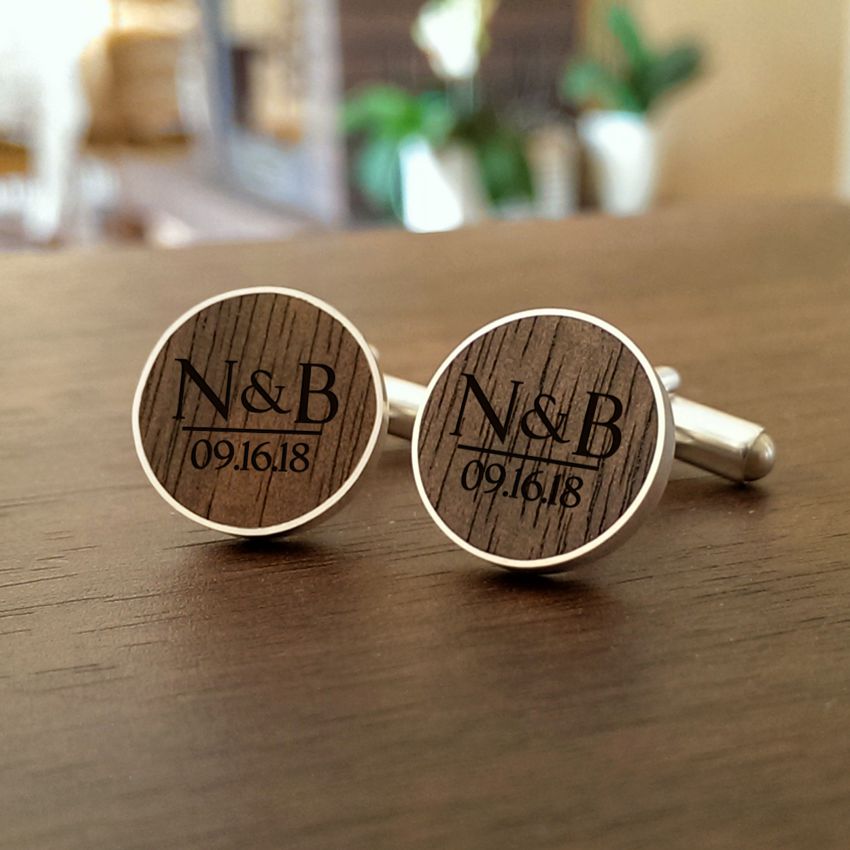 Personalised Wooden Cufflinks | With initials and wedding date | Available in 10 fonts | Sterling silver | American Walnut | ZD.55-4